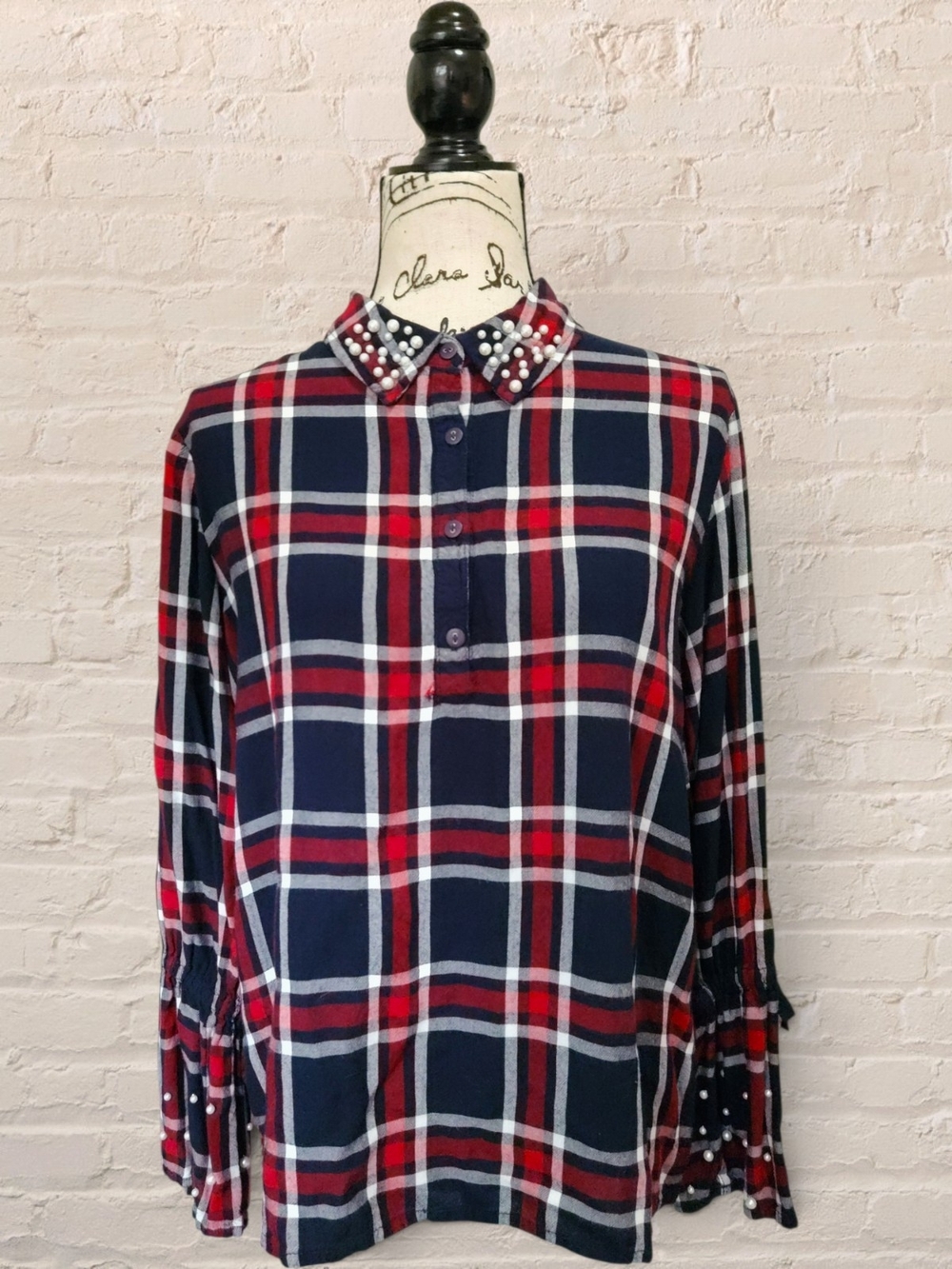 Life Style Petite Navy Red Plaid Pearl Beaded Collar Blouse PM